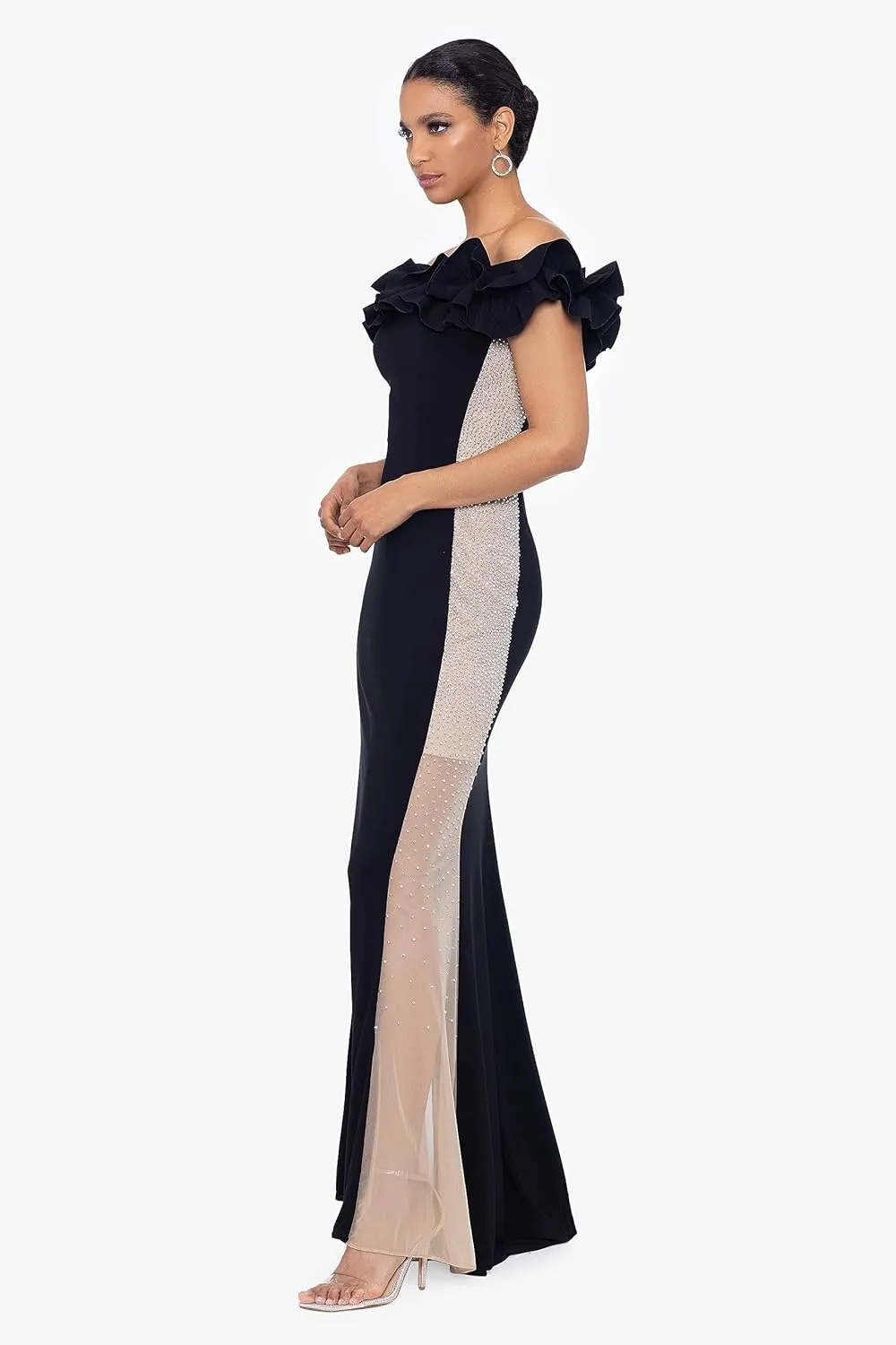 Xscape Women's Long Off The Shoulder Ruffle Beaded Mesh Back Dress