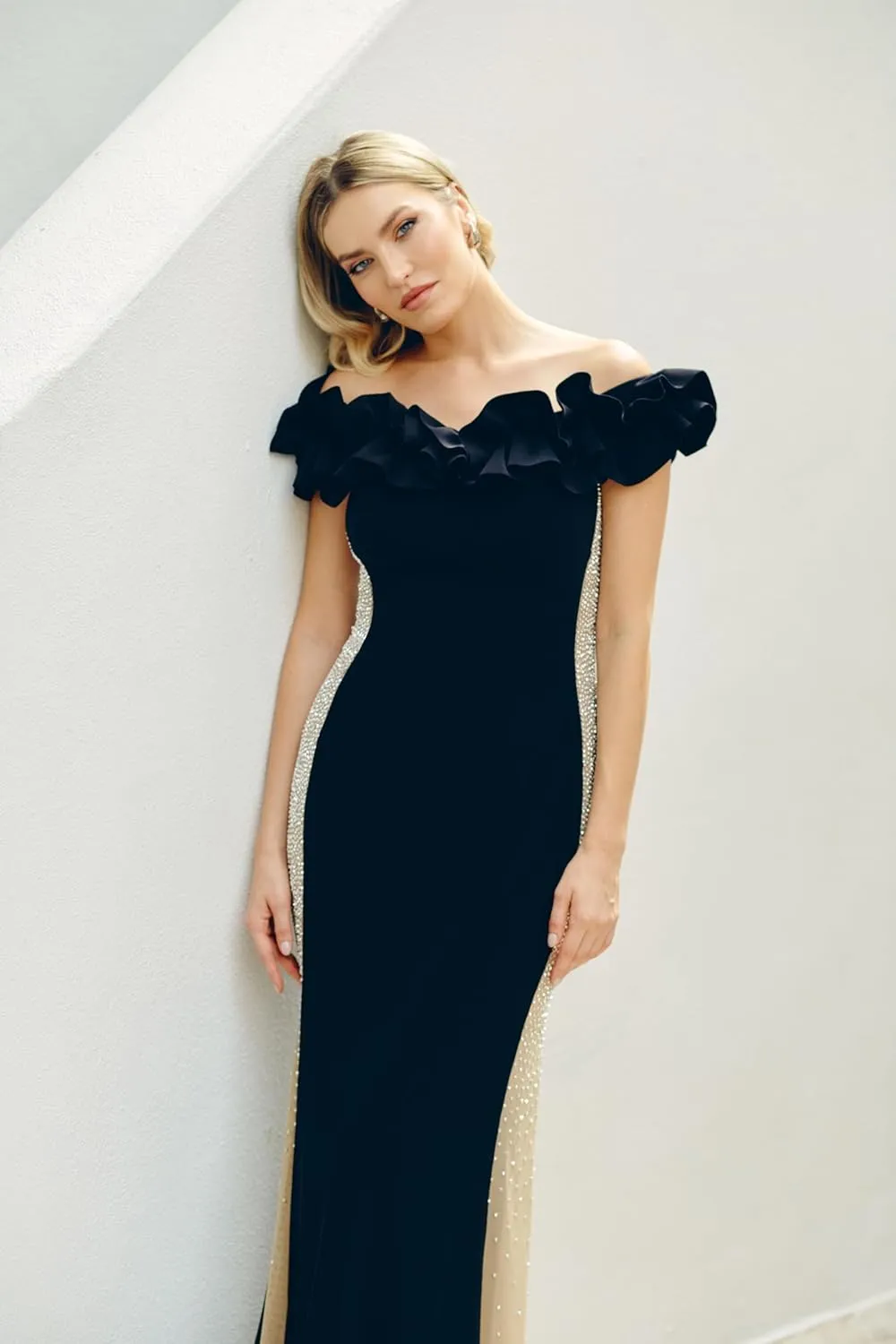 Xscape Women's Long Off The Shoulder Ruffle Beaded Mesh Back Dress