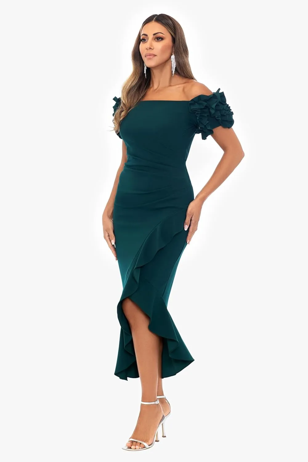 Xscape Women's Off The Shoulder Ruffle Sleeve Midi Dress (Standard & Petite)