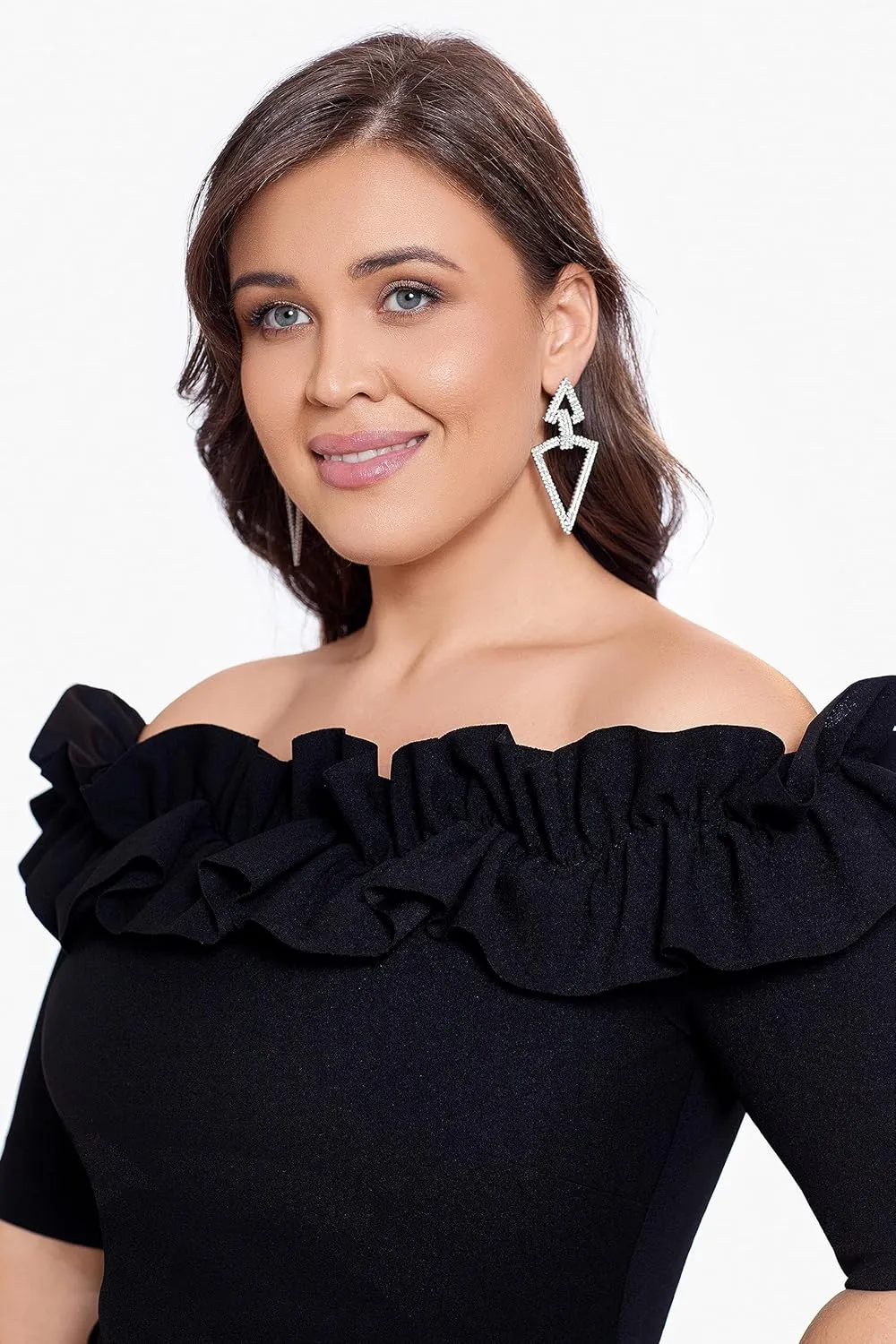 Xscape Women's Plus Size Long Off The Shoulder Ruffle Scuba Crepe Dress