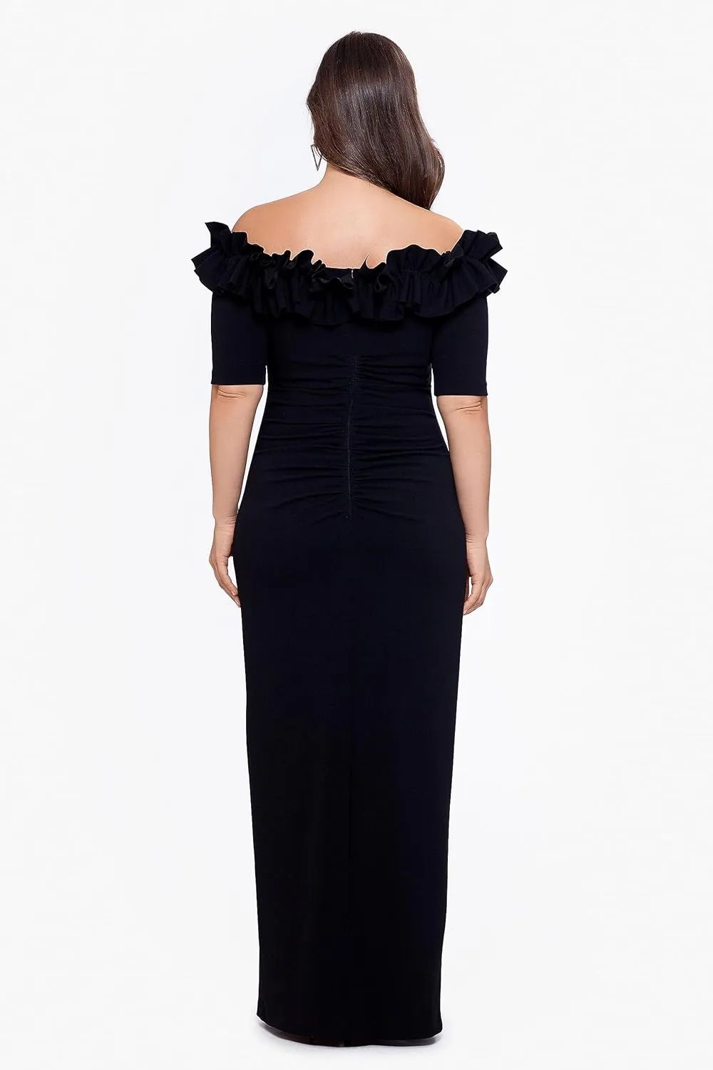 Xscape Women's Plus Size Long Off The Shoulder Ruffle Scuba Crepe Dress