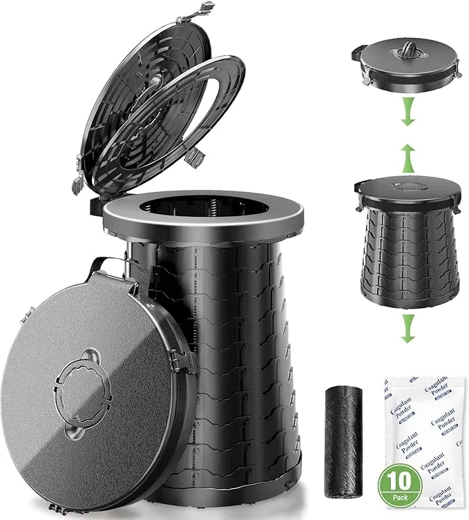 XXL Portable Toilet for Camping, 19.7"H Super Large Retractable Potty for Adults, Adjustable Height, with Liquid Waste Gel, Toilet Bag (Black)