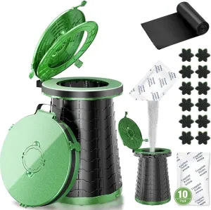XXL Portable Toilet for Camping, 19.7"H Super Large Retractable Potty for Adults, Adjustable Height, with Liquid Waste Gel, Toilet Bag (Green)