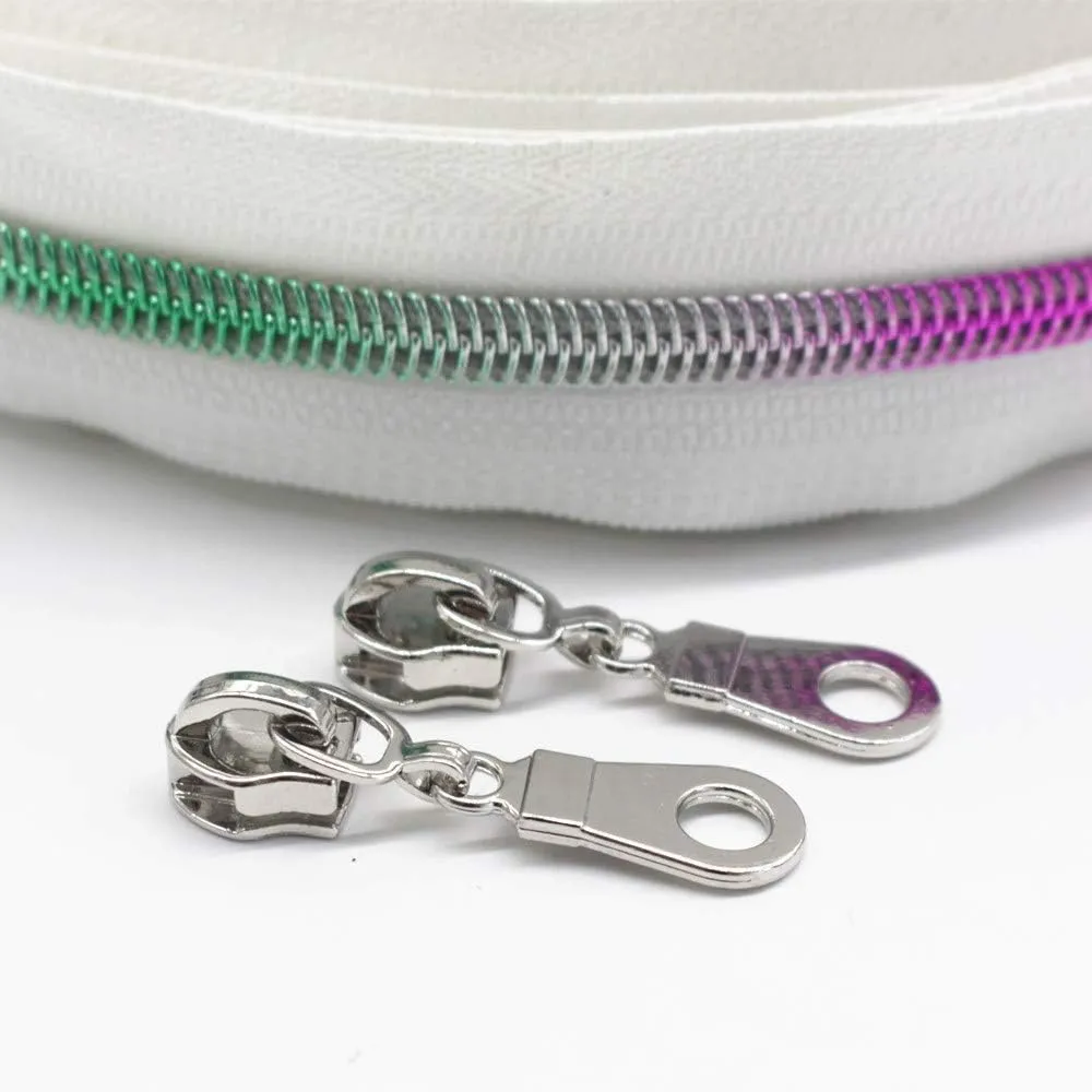 YaHoGa #5 Colorful Teeth Rainbow Metallic Nylon Coil Zippers by The Yard Bulk 10 Yards with 25pcs Silver Pulls for DIY Sewing Tailor Craft Bags (White)