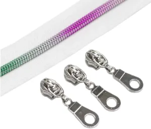 YaHoGa #5 Colorful Teeth Rainbow Metallic Nylon Coil Zippers by The Yard Bulk 10 Yards with 25pcs Silver Pulls for DIY Sewing Tailor Craft Bags (White)