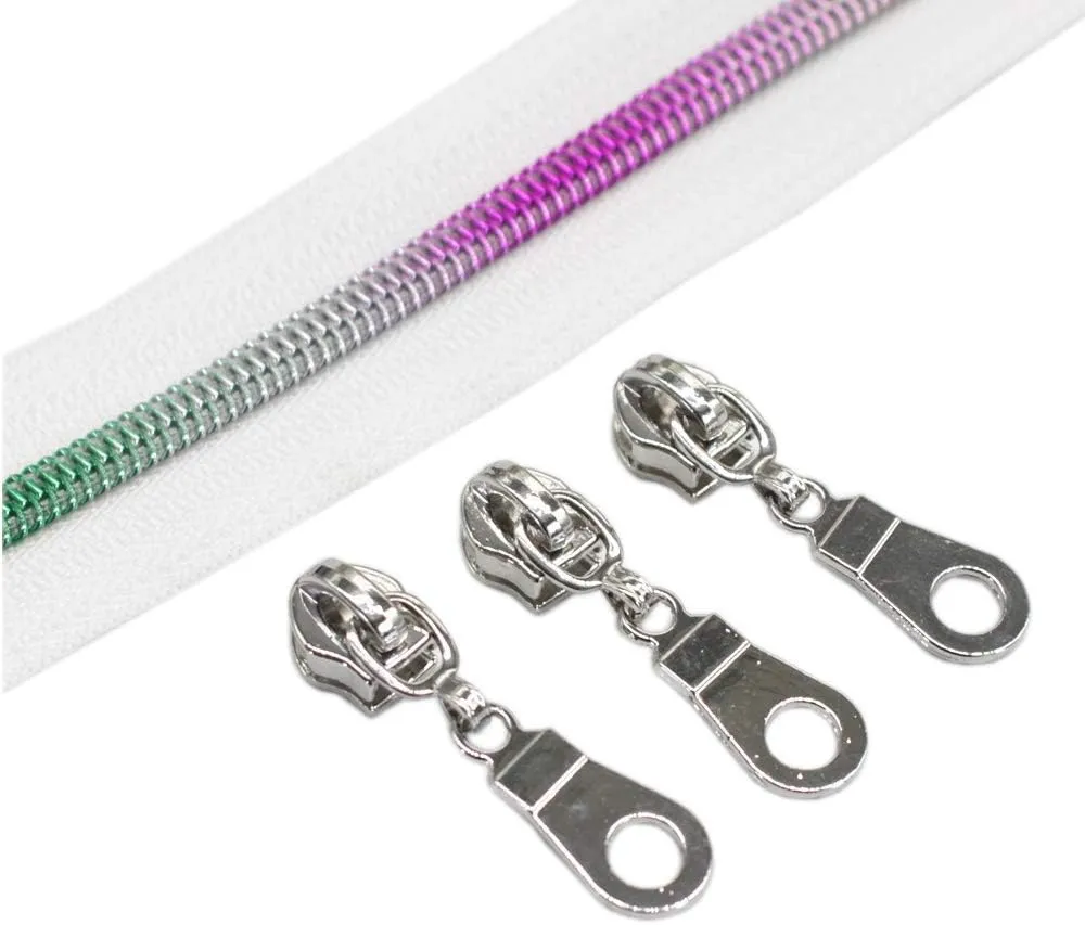 YaHoGa #5 Colorful Teeth Rainbow Metallic Nylon Coil Zippers by The Yard Bulk 10 Yards with 25pcs Silver Pulls for DIY Sewing Tailor Craft Bags (White)