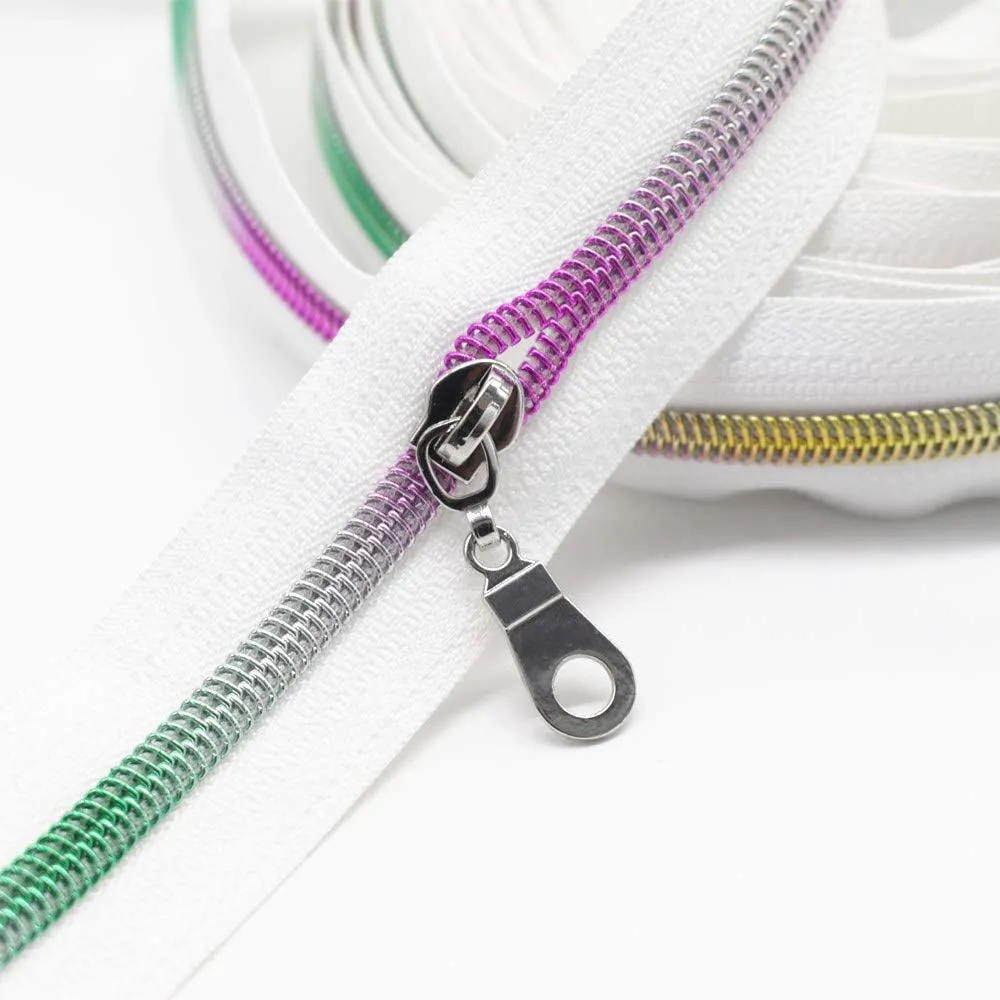 YaHoGa #5 Colorful Teeth Rainbow Metallic Nylon Coil Zippers by The Yard Bulk 10 Yards with 25pcs Silver Pulls for DIY Sewing Tailor Craft Bags (White)