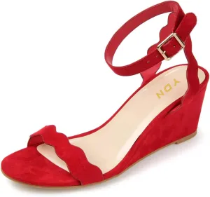 YDN Women Open Toe Ankle Strap Sandals Ruffle Band Wedge Mid Heels Date Evening Party Shoes Size 4-15 US