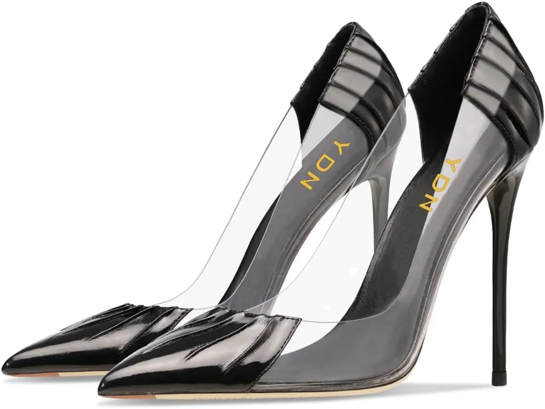YDN Women Sexy Pointed Toe Pumps Folding Transparent Stiletto High Heels Slip on Prom Formal Wear Dressy Shoes Size 4-15 US