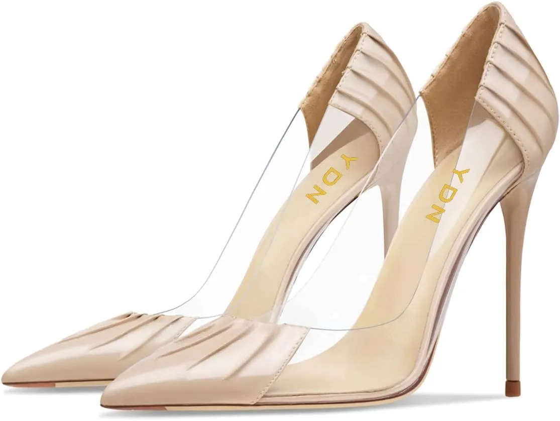 YDN Women Sexy Pointed Toe Pumps Folding Transparent Stiletto High Heels Slip on Prom Formal Wear Dressy Shoes Size 4-15 US