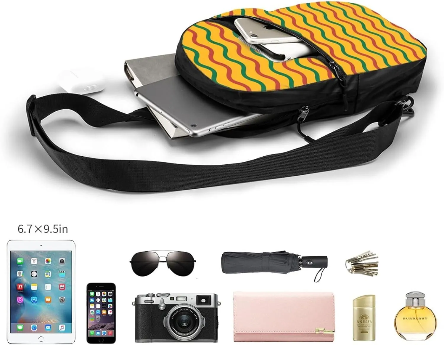 Yellow Green Red Lithuania Wavy Stripe Flag Packable Crossbody Bag Portable Sling Bags Foldable Travel Daypack Reusable Sports Shoulder Backpack Diagonally Chest Bag for Workout