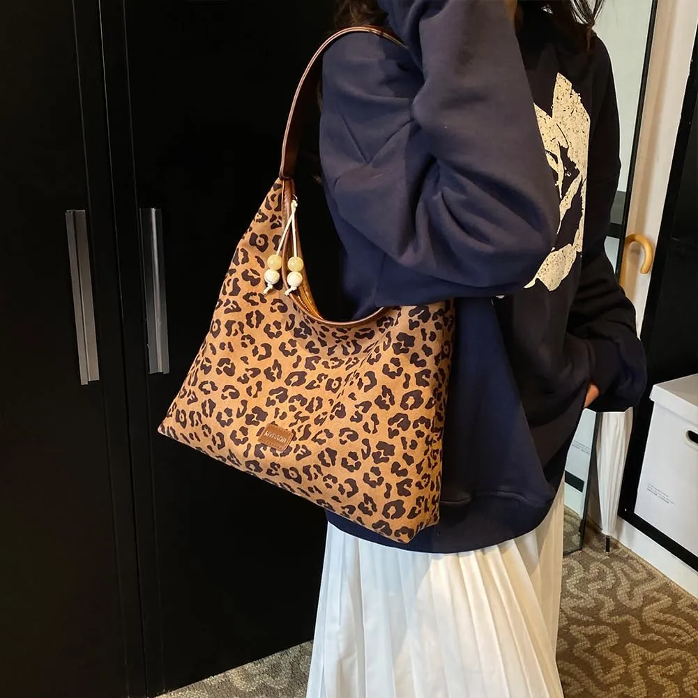 YFGBCX Suede Tote Bags for Women Suede Bag Fall Purse Retro Suede Leopard Purse Slouchy Hobo Bag College Tote Handbags