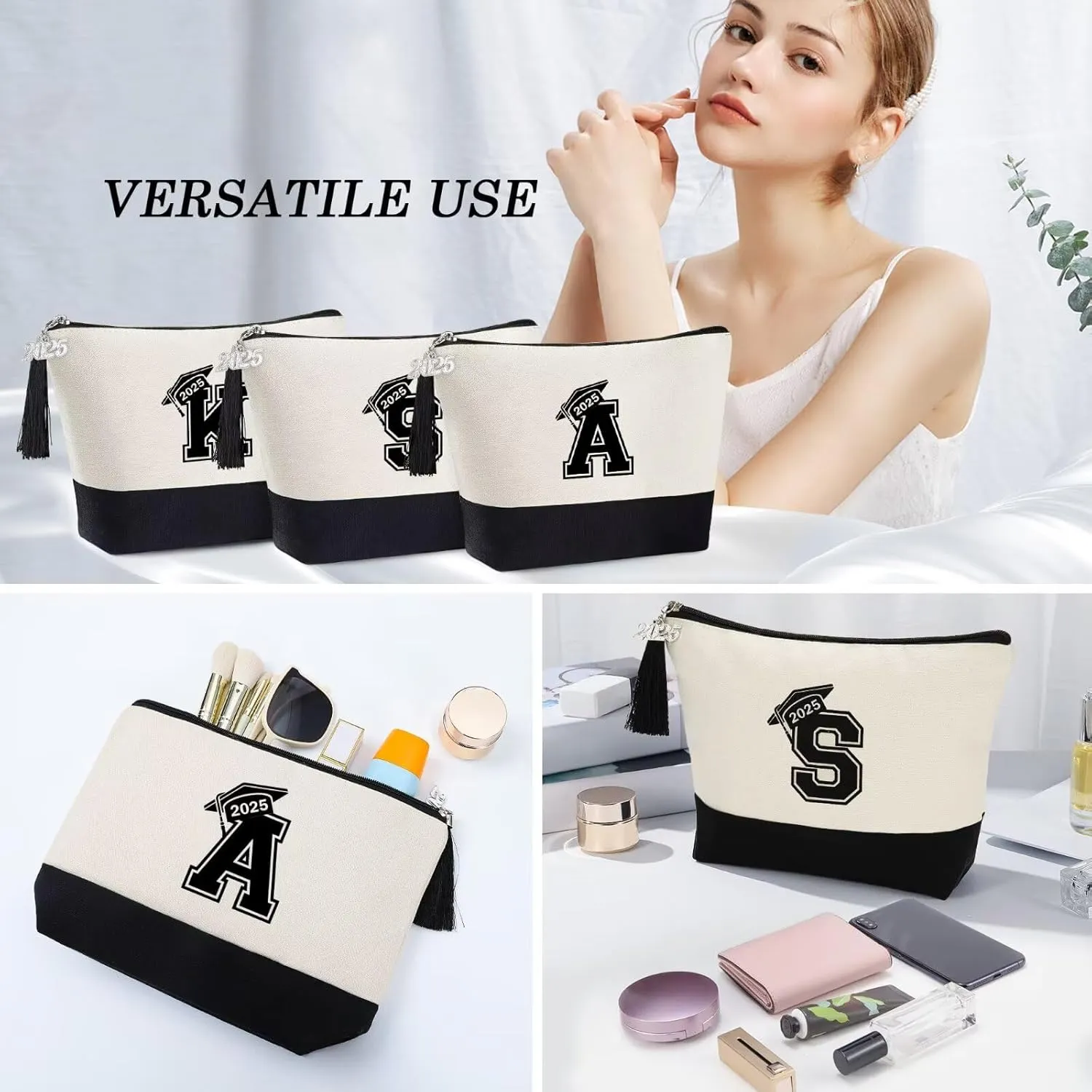 YOOLIFE 2025 Graduation Gifts for Her, Initial A Travel Makeup Bag Make Up Bag with Tassels Graduation Gifts for Her Class of 2025 Gifts 5th 8th Grad Graduation Gifts for Her Friends Teacher