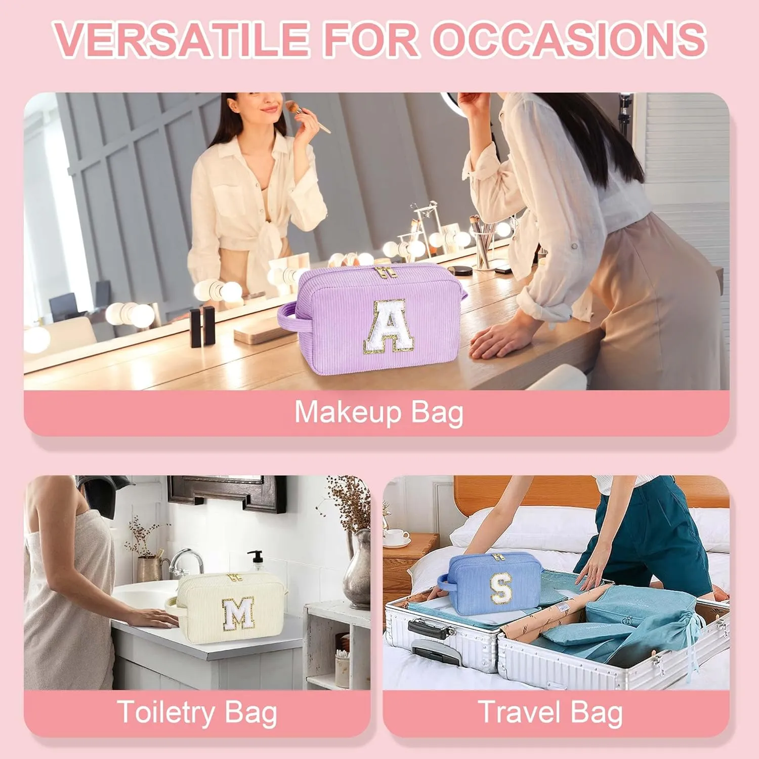 YOOLIFE Girls Makeup Bag Cosmetic Bag - Women Gifts Small Makeup Brush Bag Teen Girls Gifts Makeup Pouch Cute White Makeup Bag Personalized Best Friend Birthday Gifts for Women Girl White Letter A