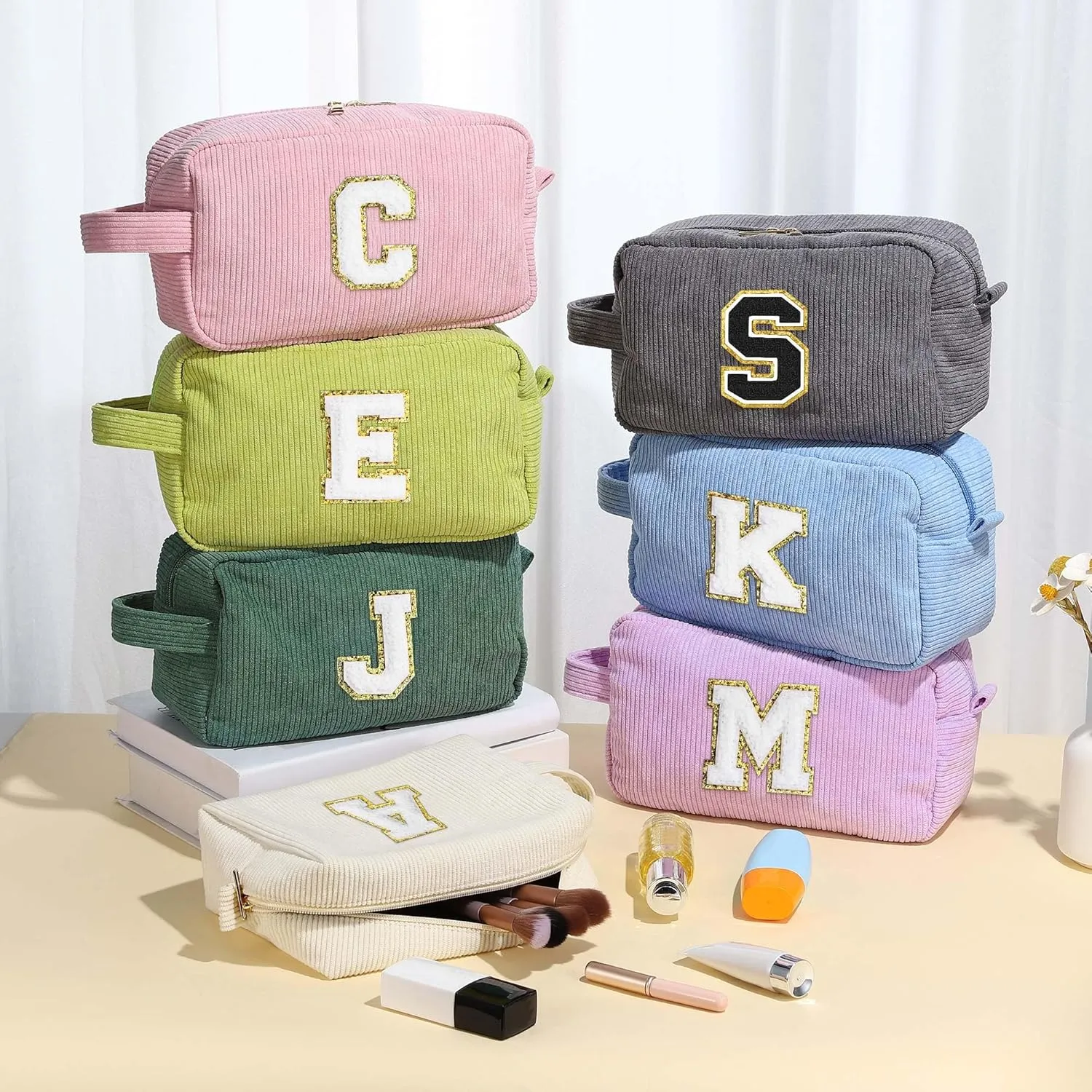 YOOLIFE Green Corduroy Cosmetic Bag - Personalized Initial Monogram Makeup Travel Bag for Women
