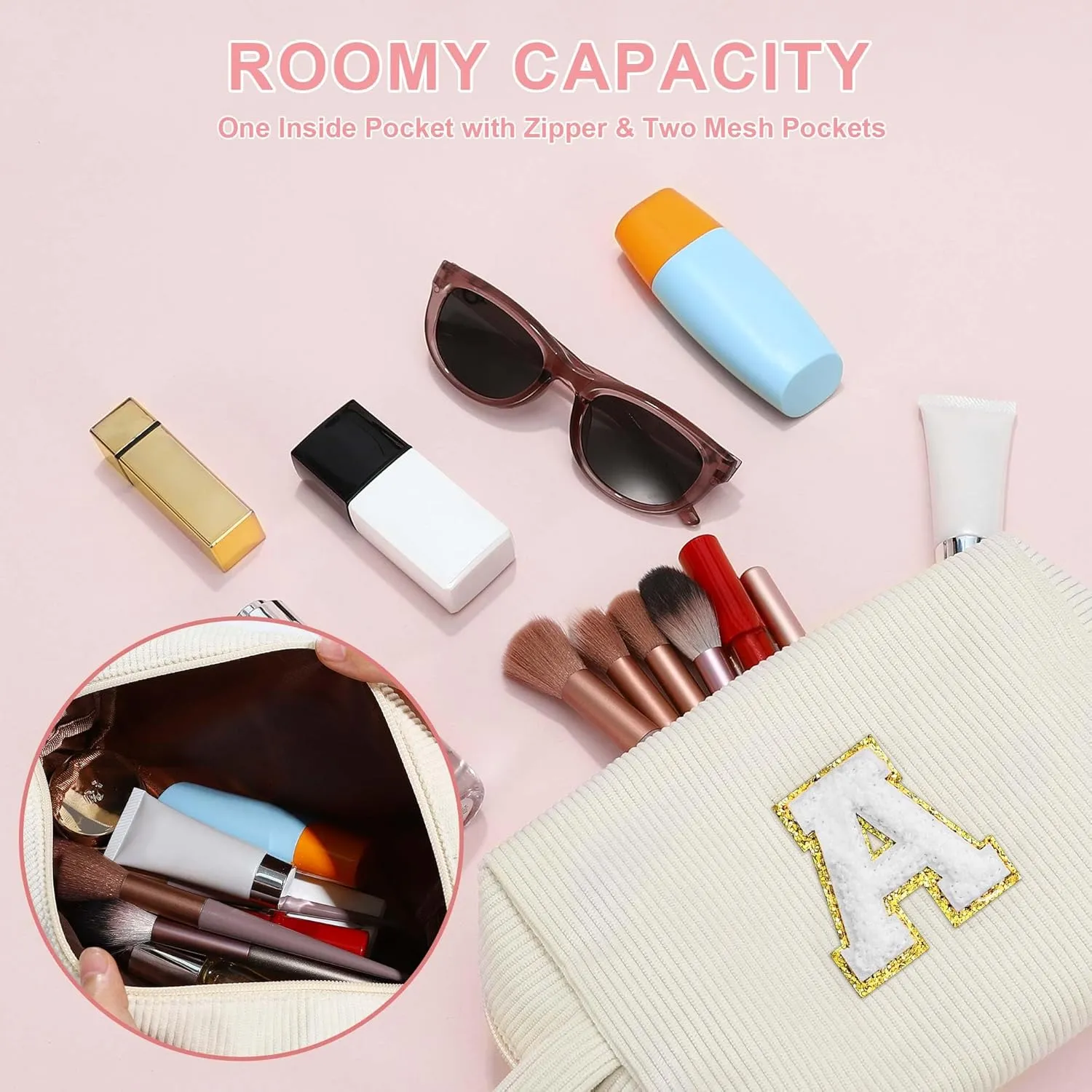 YOOLIFE Green Corduroy Cosmetic Bag - Personalized Initial Monogram Makeup Travel Bag for Women
