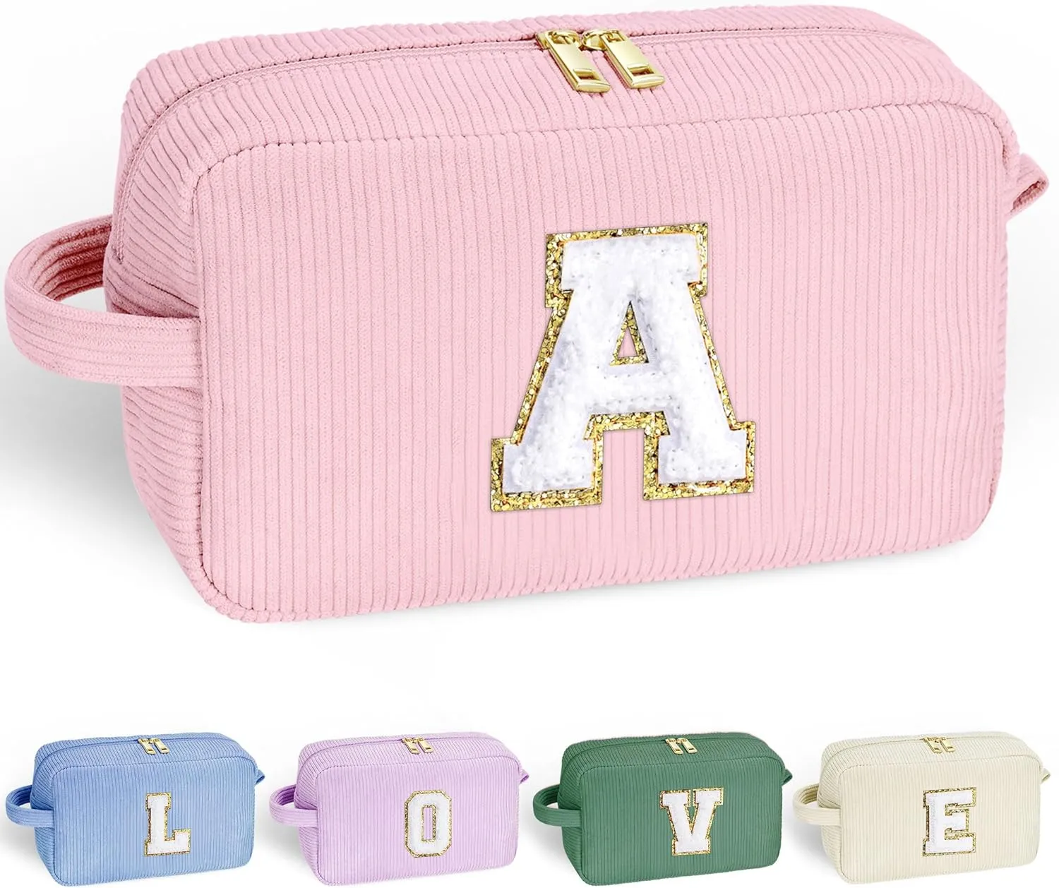 YOOLIFE Makeup Bag for Girls Women - Mothers Day Gifts, Personalized Initial Pink Cosmetic Bag Makeup Pouch Organizer, Personalized Birthday Gifts for Women Teen Girl Kids Daughter Letter A