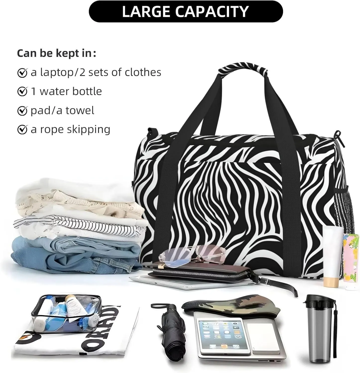 Zebra Print Travel Duffel Bag With Zippers And Handles, Big Foldable Duffle Bag For Family Vacations