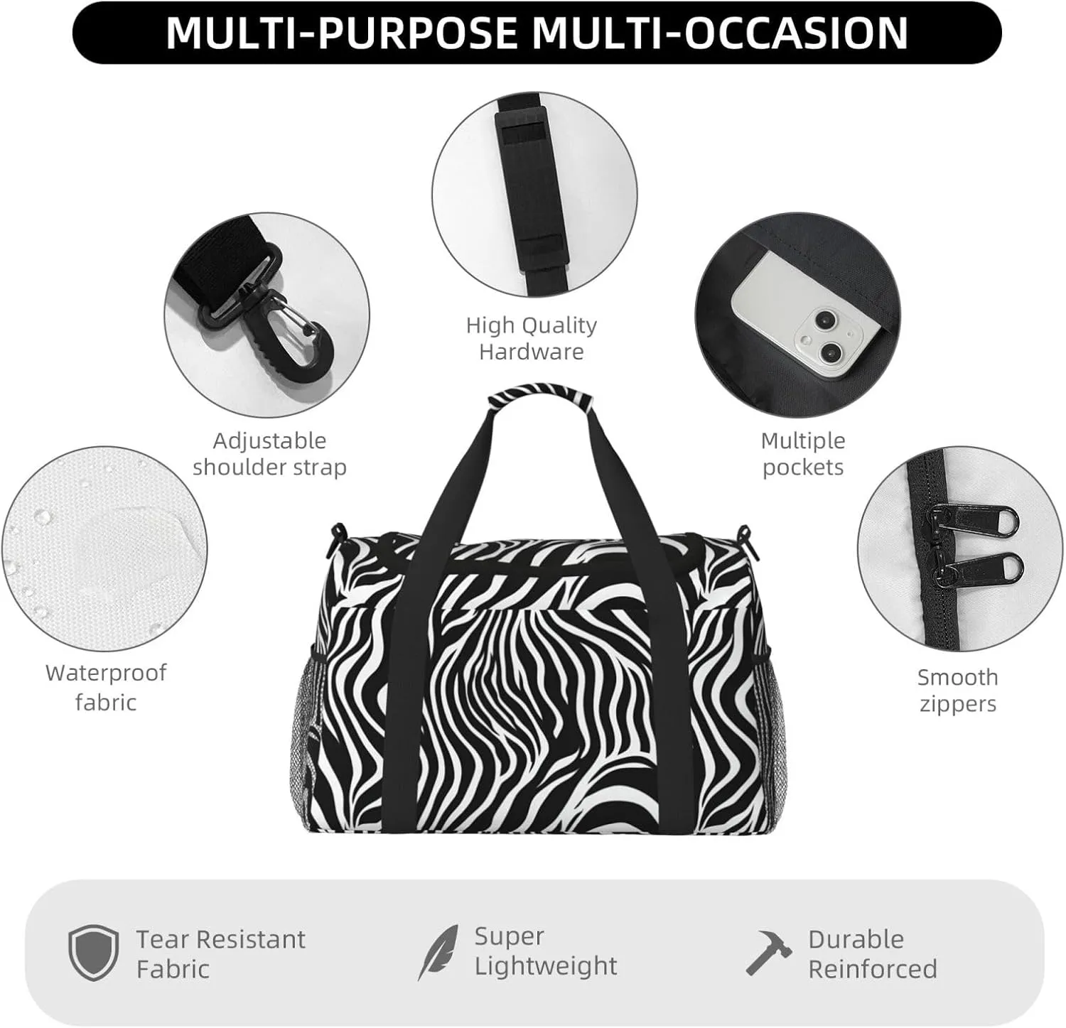 Zebra Print Travel Duffel Bag With Zippers And Handles, Big Foldable Duffle Bag For Family Vacations